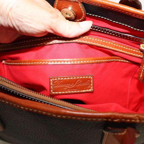 Dooney & Bourke Brielle Tote Bag Pebbled Leather Black Brown Trim Red Interior - Picture 6 of 11
